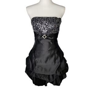 Jessica McClintock for Gunne Sax Black Sequin Bodice Bubble Hem Satin Dress